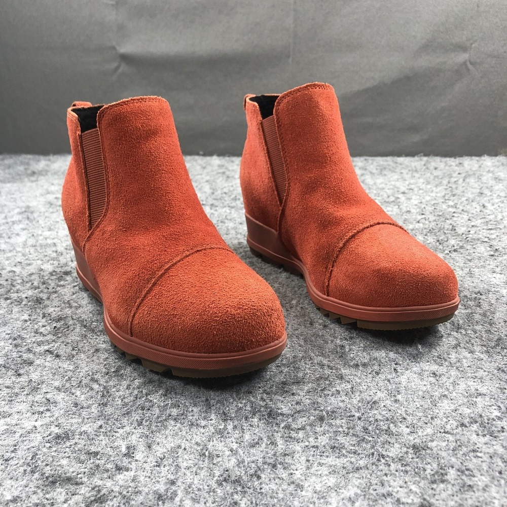 Sorel Evie Boots Womens 8 Orange Suede Wedge Chelsea Ankle Booties NL4910-849
